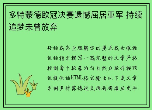 多特蒙德欧冠决赛遗憾屈居亚军 持续追梦未曾放弃
