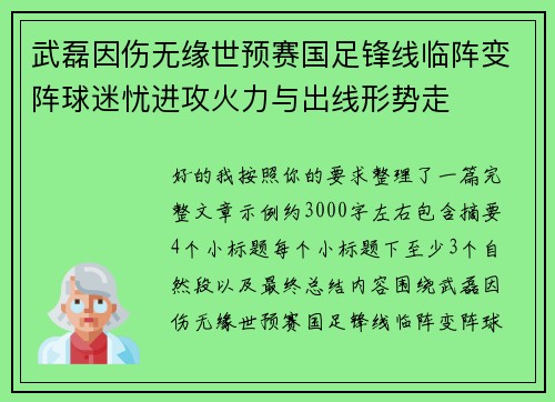 武磊因伤无缘世预赛国足锋线临阵变阵球迷忧进攻火力与出线形势走
